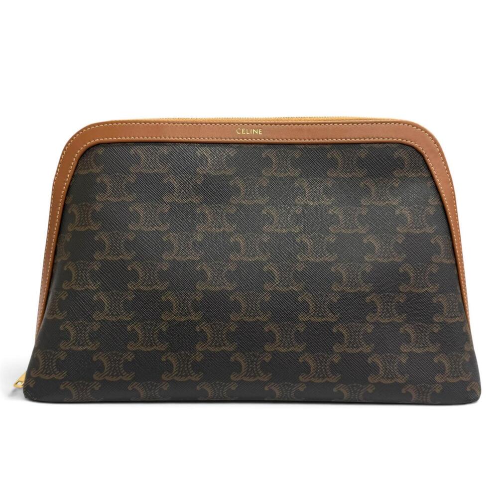 CELINE 4M1642CZJ.04LU Large Cosmetic Pouch, Triomphe Canvas and Calfskin, Tan...